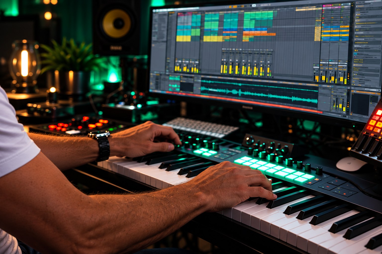 Hands on the MIDI keyboard and controller in Franky V!'s studio