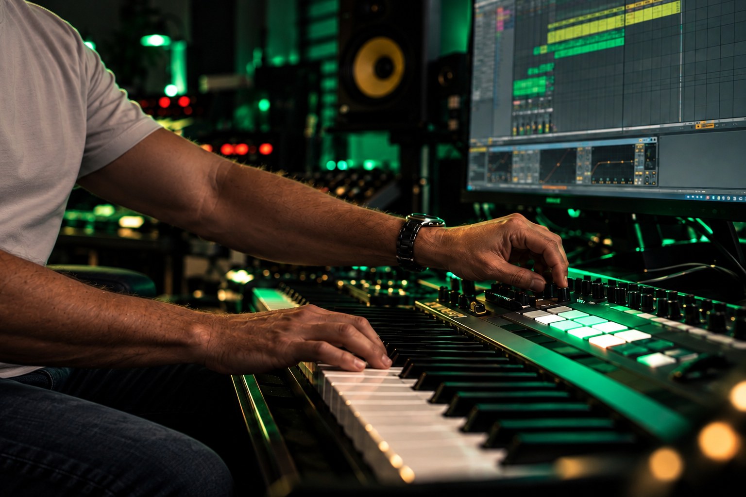 Close-up of studio controls and music production screen