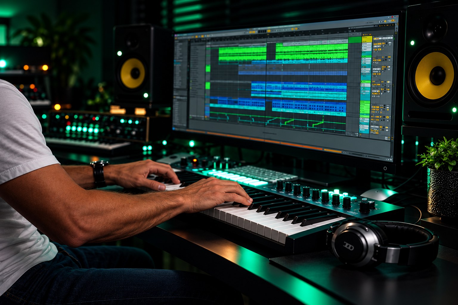 Hands composing at the keyboard with studio monitors